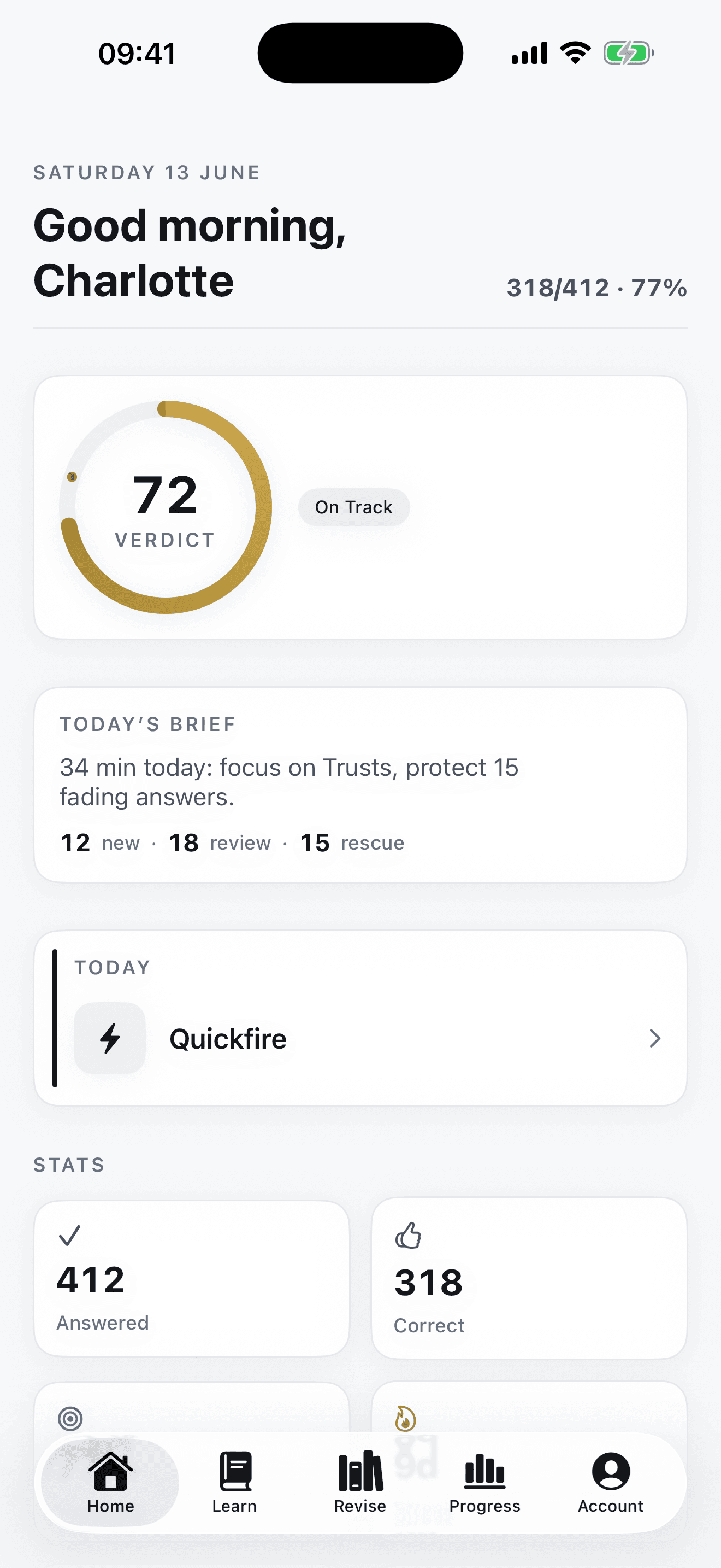The Blacklaw home screen showing a Verdict readiness score