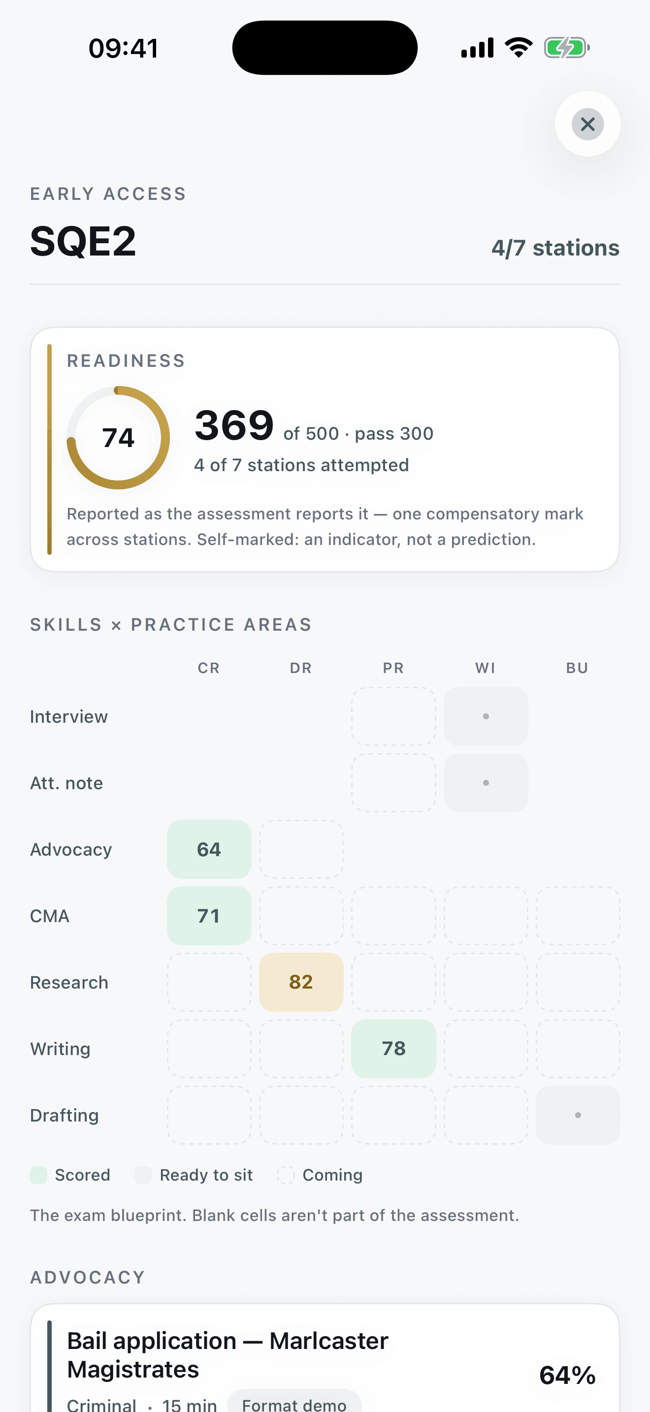 The SQE2 station hub with the skills and practice-areas readiness matrix
